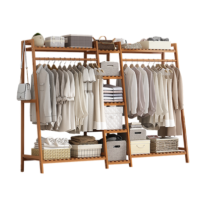 Portable Clothes Rack Coat Garment Stand Bamboo Rail Hanger Airer Closet V63-838041