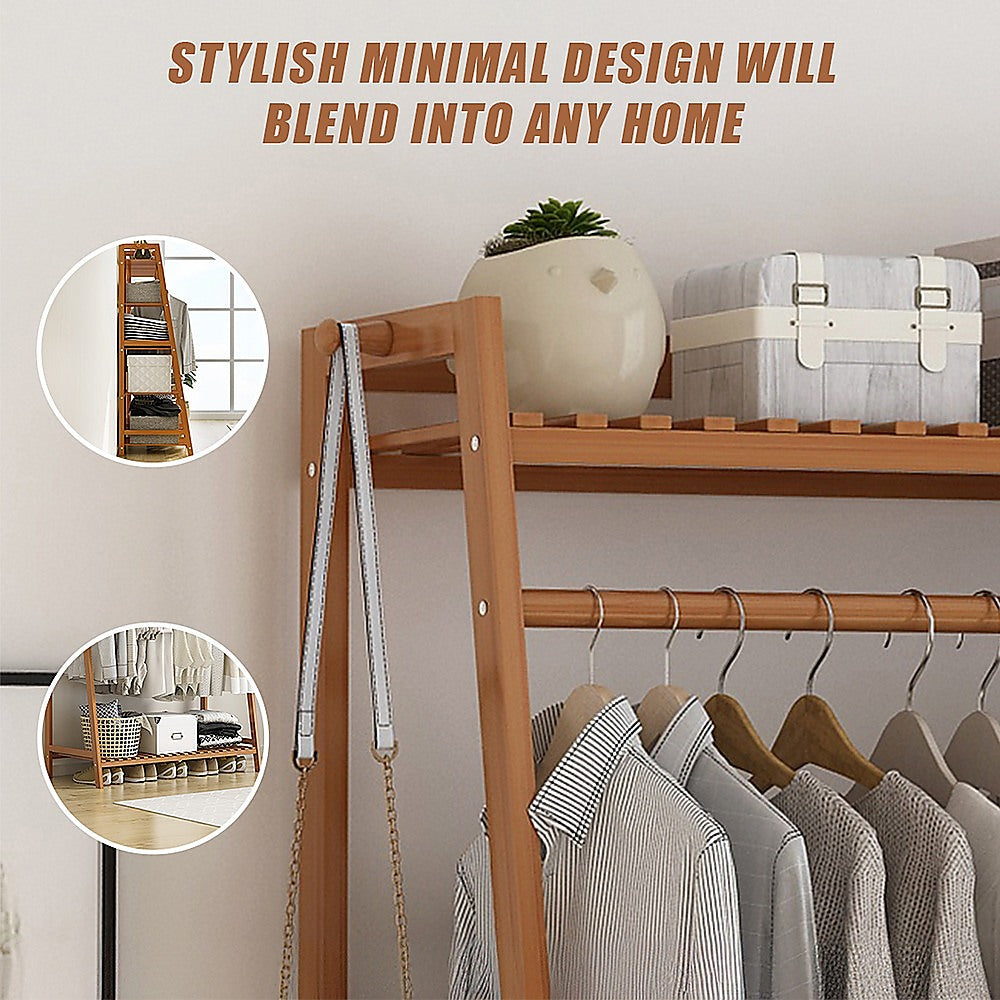 Portable Clothes Rack Coat Garment Stand Bamboo Rail Hanger Airer Closet V63-838041