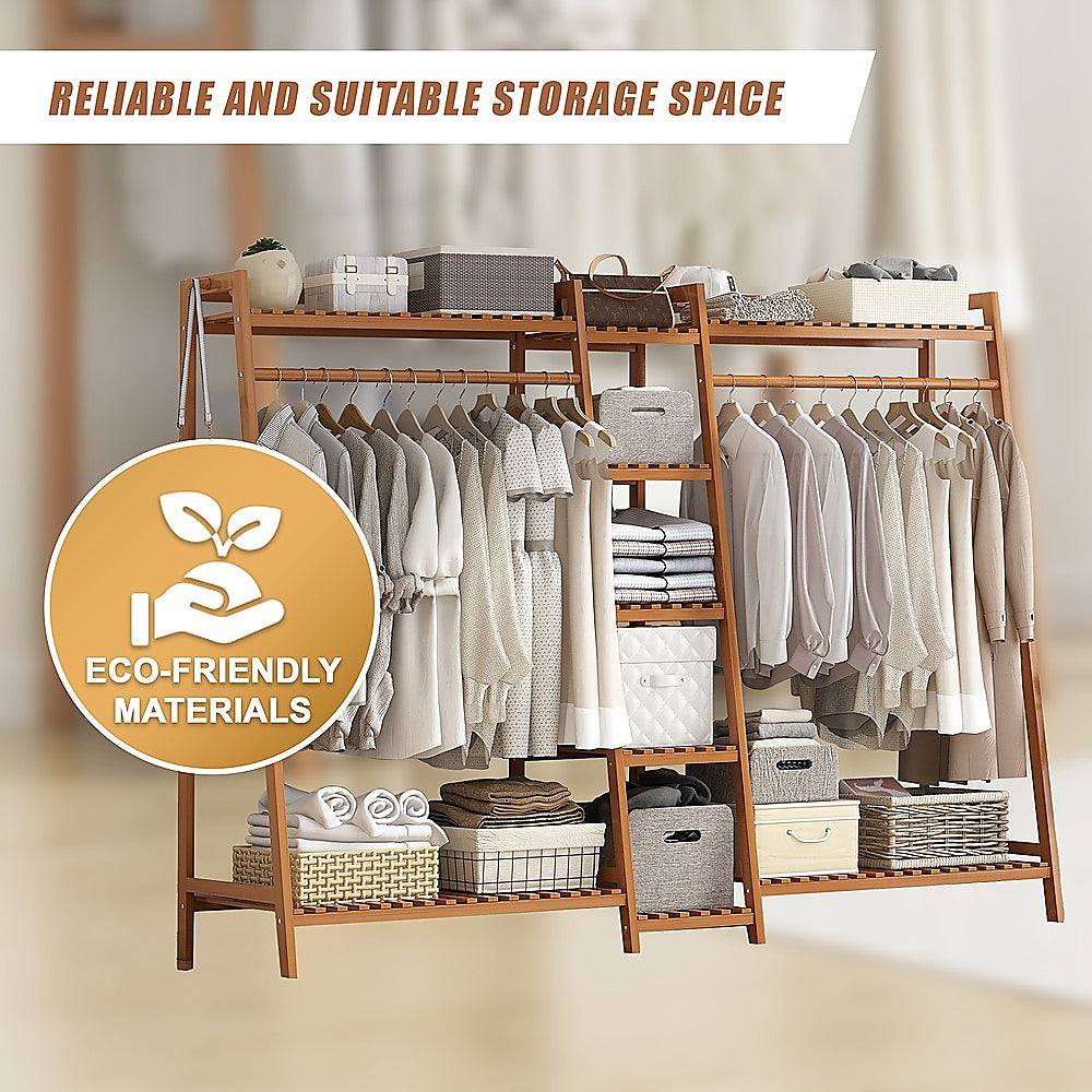Portable Clothes Rack Coat Garment Stand Bamboo Rail Hanger Airer Closet V63-838041