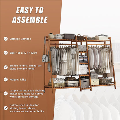 Portable Clothes Rack Coat Garment Stand Bamboo Rail Hanger Airer Closet V63-838041