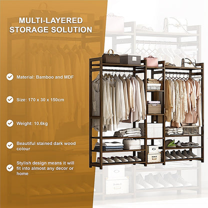 Portable Clothes Rack Coat Garment Stand Bamboo Rail Hanger Airer Closet V63-838071