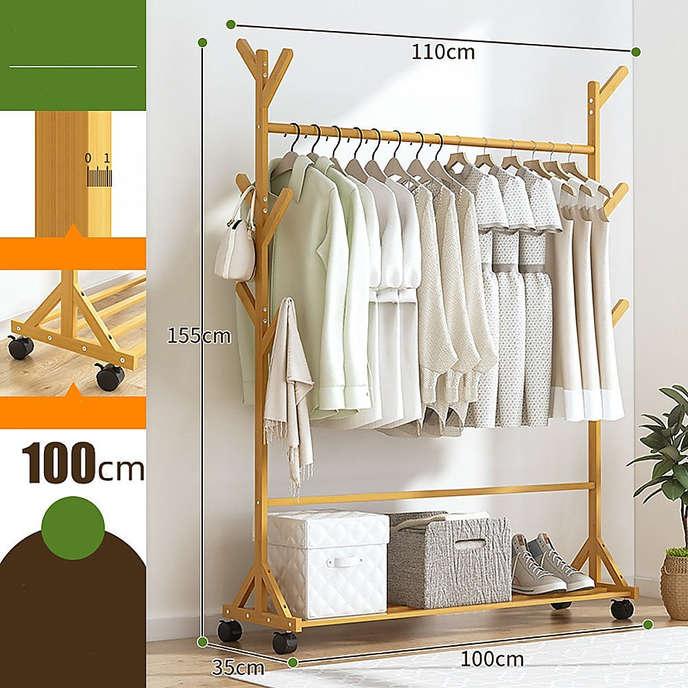 Portable Clothes Rack Coat Garment Stand Bamboo Rail Hanger Airer Closet V63-838091