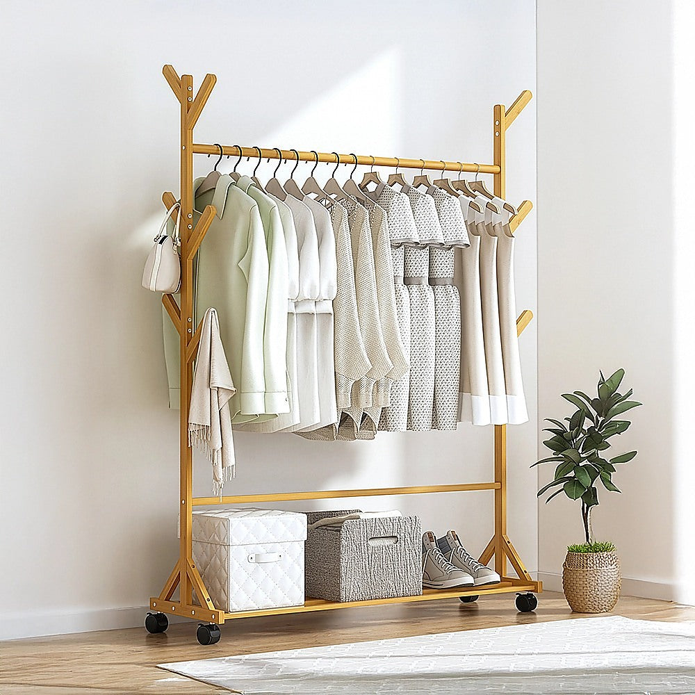 Portable Clothes Rack Coat Garment Stand Bamboo Rail Hanger Airer Closet V63-838091