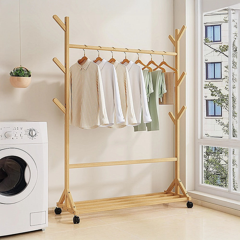 Portable Clothes Rack Coat Garment Stand Bamboo Rail Hanger Airer Closet V63-838091