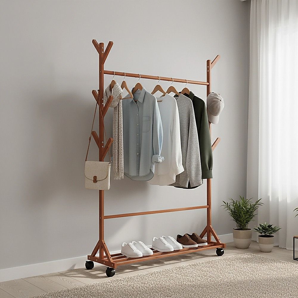 Portable Clothes Rack Coat Garment Stand Bamboo Rail Hanger Airer Closet V63-838101