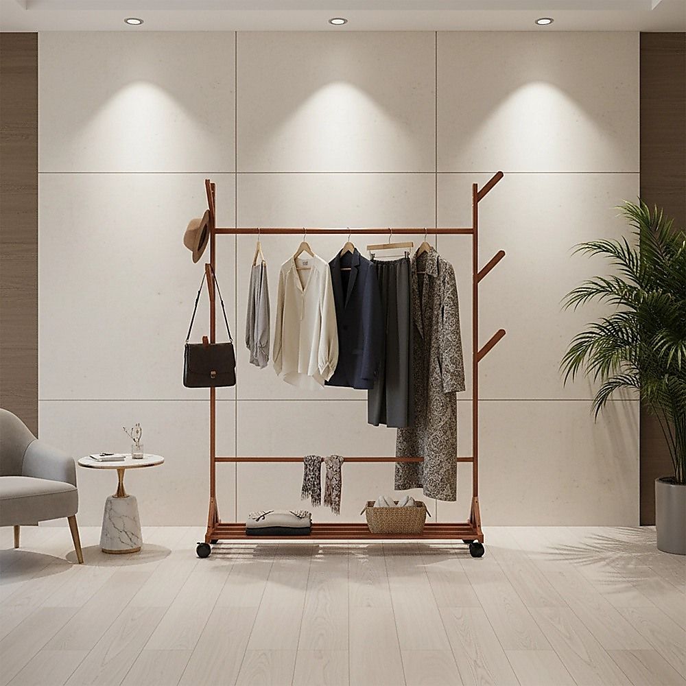 Portable Clothes Rack Coat Garment Stand Bamboo Rail Hanger Airer Closet V63-838101