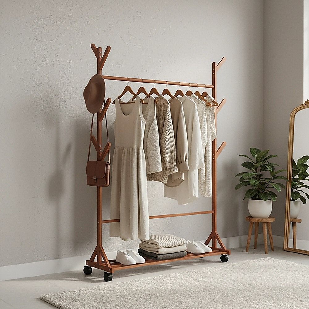 Portable Clothes Rack Coat Garment Stand Bamboo Rail Hanger Airer Closet V63-838101