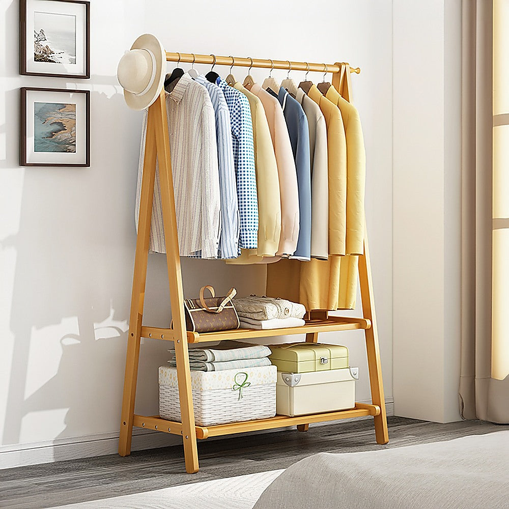 Portable Clothes Rack Coat Garment Stand Bamboo Rail Hanger Airer Closet V63-838121