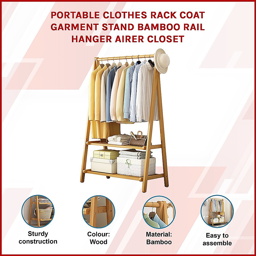 Portable Clothes Rack Coat Garment Stand Bamboo Rail Hanger Airer Closet V63-838121