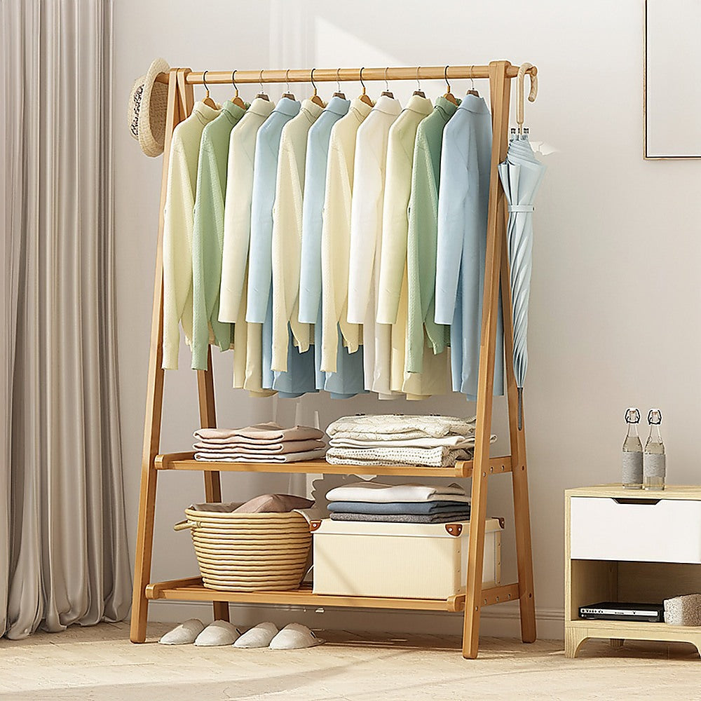 Portable Clothes Rack Coat Garment Stand Bamboo Rail Hanger Airer Closet V63-838121