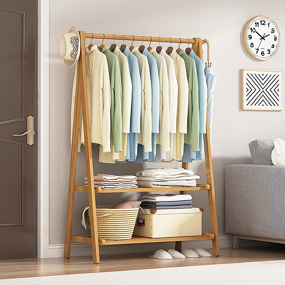 Portable Clothes Rack Coat Garment Stand Bamboo Rail Hanger Airer Closet V63-838121