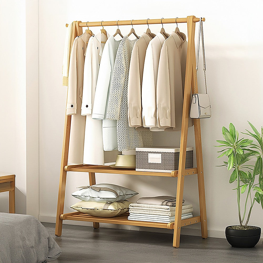 Portable Clothes Rack Coat Garment Stand Bamboo Rail Hanger Airer Closet V63-838121