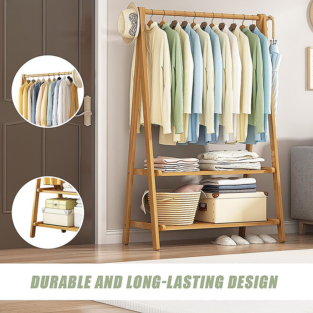 Portable Clothes Rack Coat Garment Stand Bamboo Rail Hanger Airer Closet V63-838121