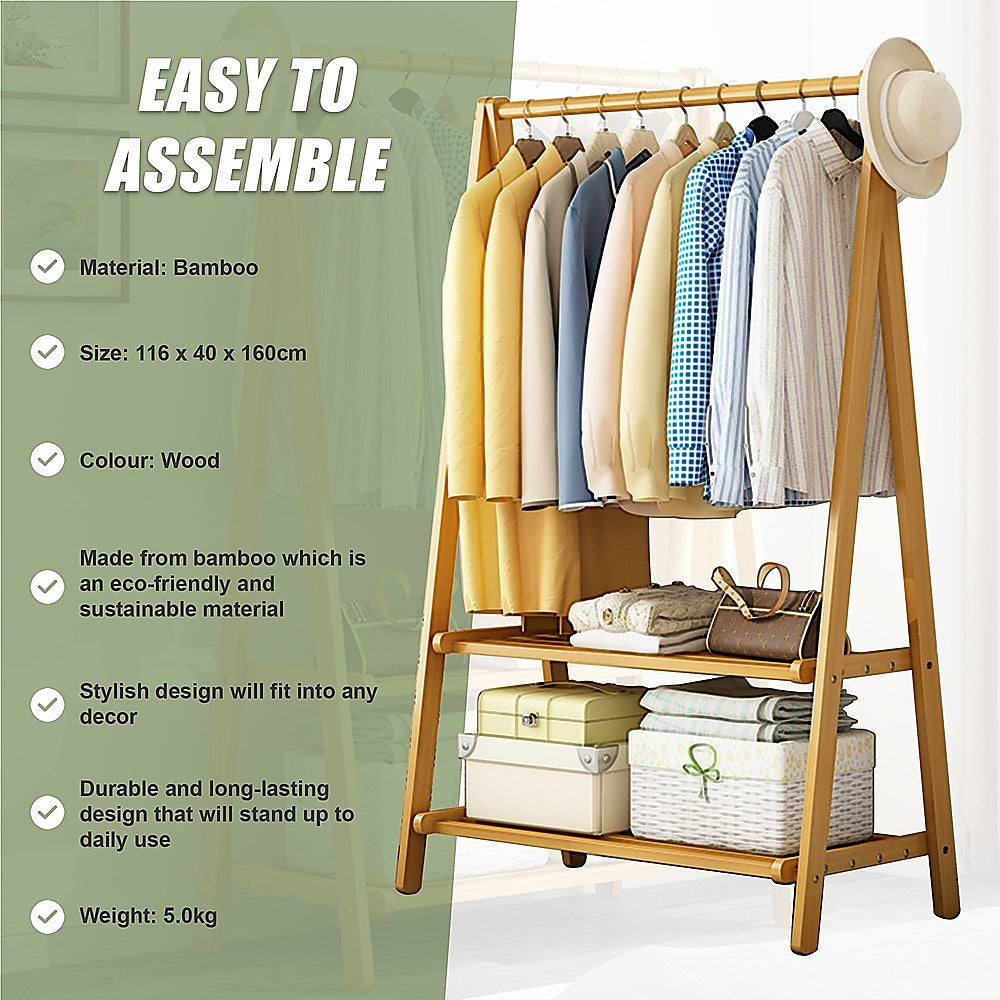 Portable Clothes Rack Coat Garment Stand Bamboo Rail Hanger Airer Closet V63-838121