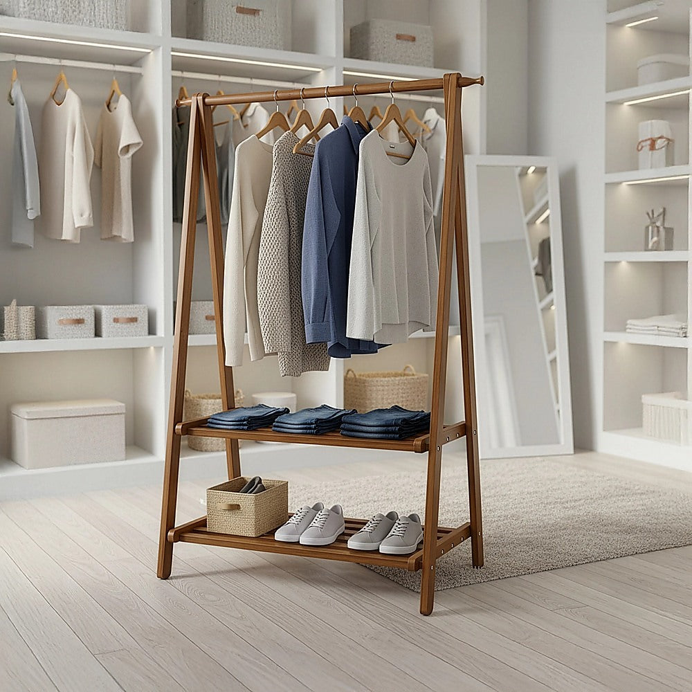 Portable Clothes Rack Coat Garment Stand Bamboo Rail Hanger Airer Closet V63-838131