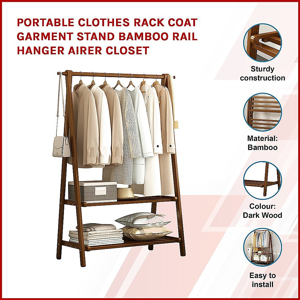 Portable Clothes Rack Coat Garment Stand Bamboo Rail Hanger Airer Closet V63-838131