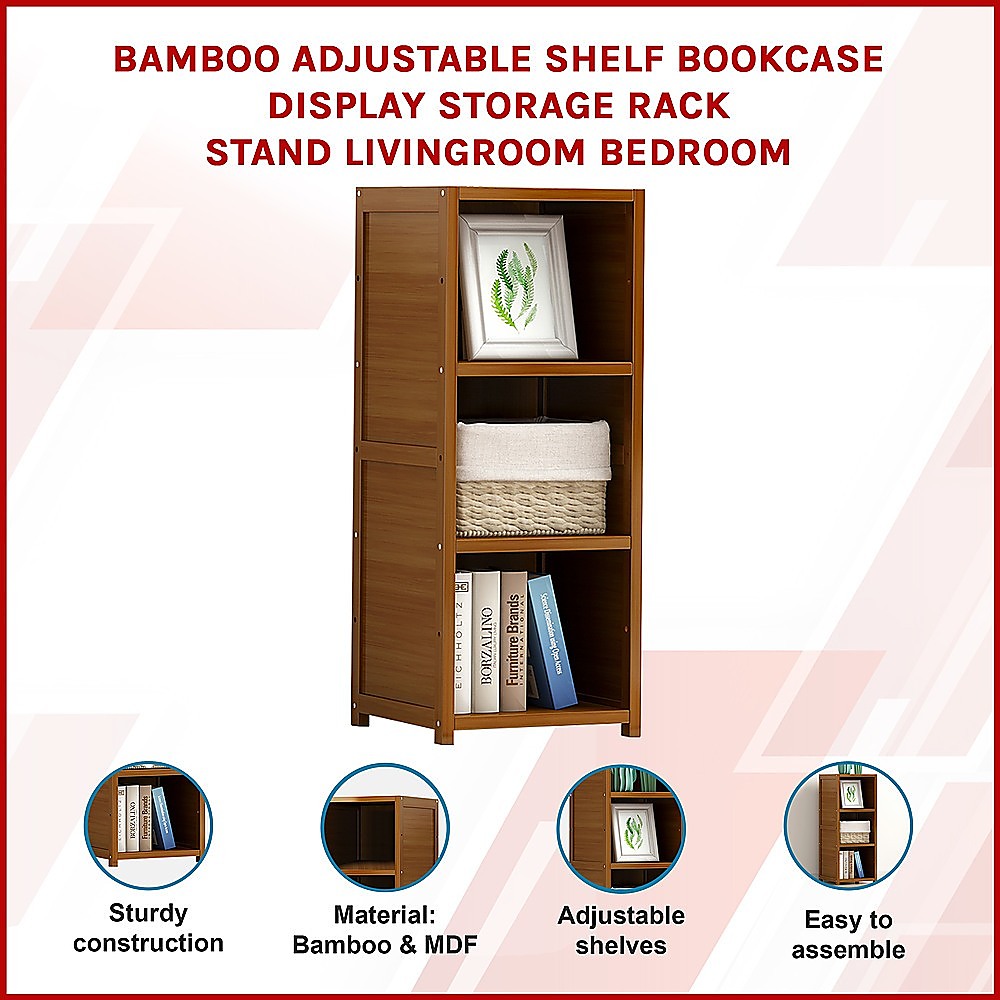 Bamboo Adjustable 3-Shelf Bookcase - Display Storage Rack Stand for Living Room, Bedroom, Office or Home Decor V63-838201