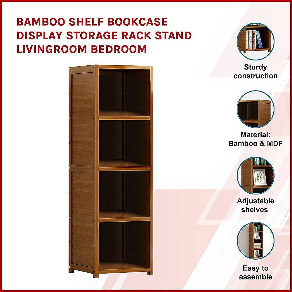 Bamboo 4-Shelf Bookcase - Adjustable Display Storage Rack Stand for Living Room, Bedroom, Office or Home V63-838211