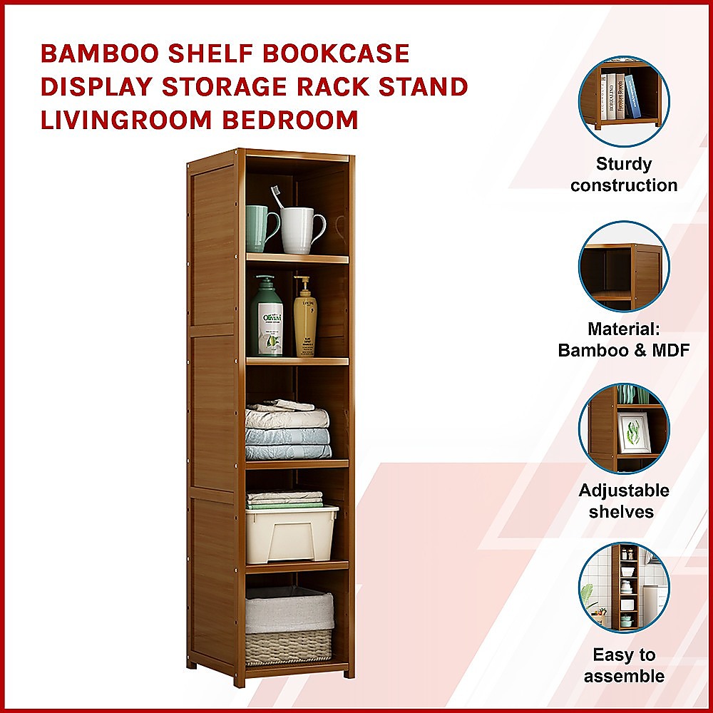 Bamboo 5-Shelf Bookcase - Tall Display Storage Rack Stand for Living Room, Bedroom, Office or Home V63-838221