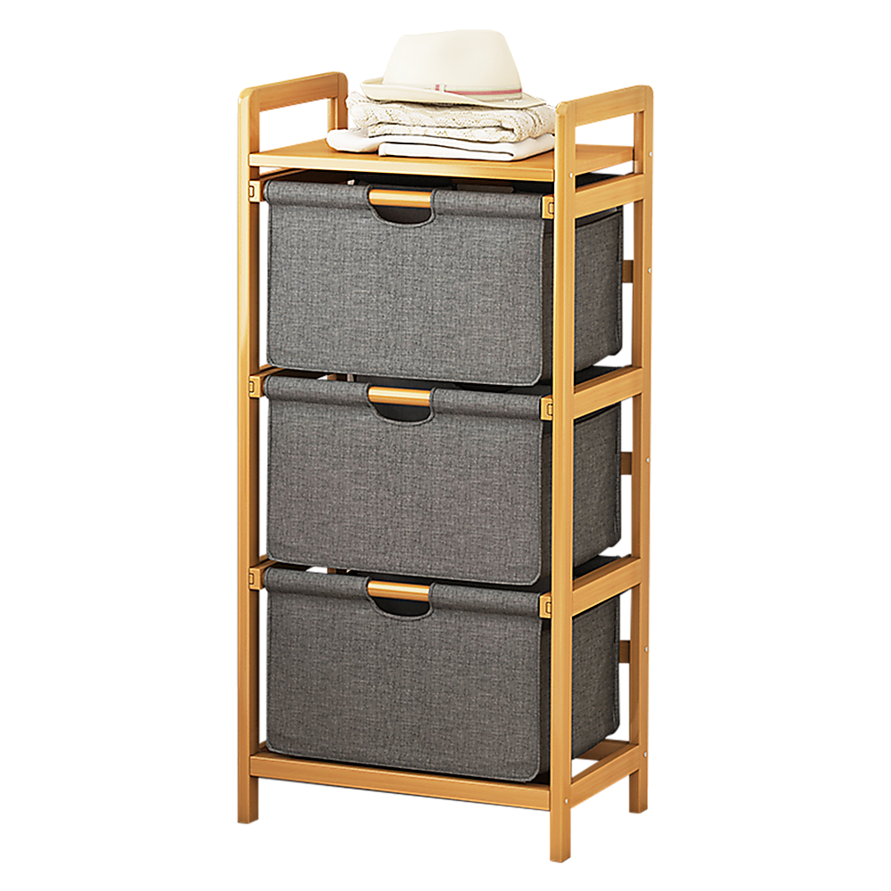 Bamboo Shelf with Storage Hamper - Wooden Organiser with 3 Laundry Bags V63-838251