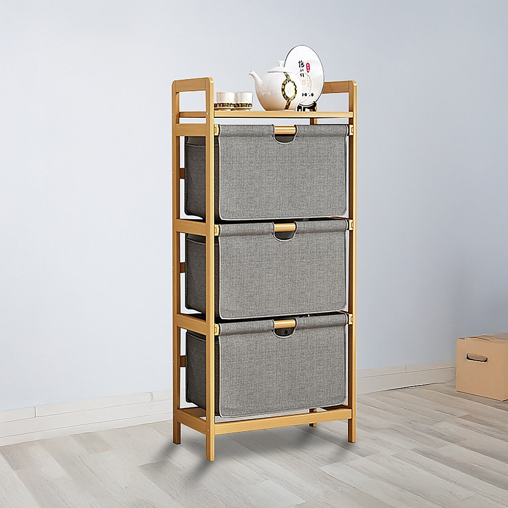Bamboo Shelf with Storage Hamper - Wooden Organiser with 3 Laundry Bags V63-838251