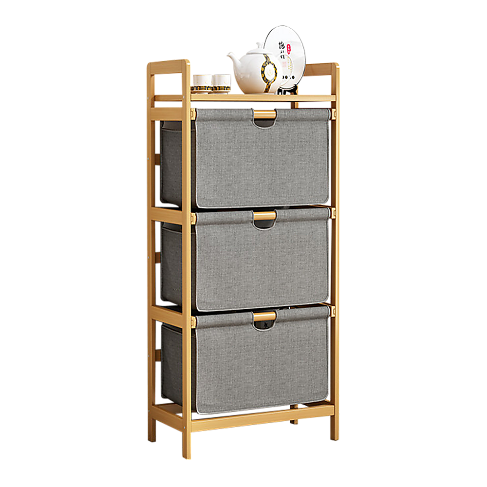Bamboo Shelf with Storage Hamper - Wooden Organiser with 3 Laundry Bags V63-838251