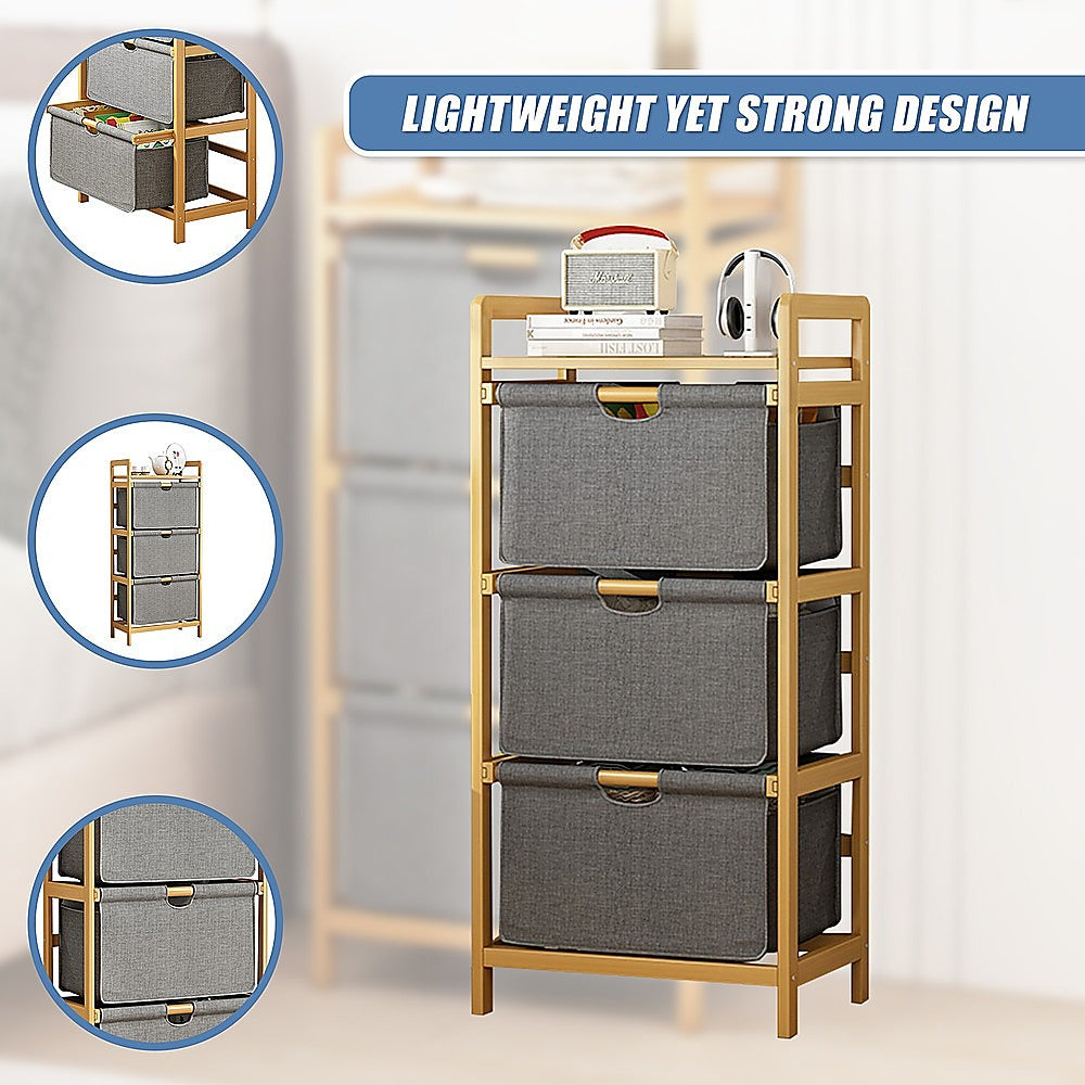 Bamboo Shelf with Storage Hamper - Wooden Organiser with 3 Laundry Bags V63-838251
