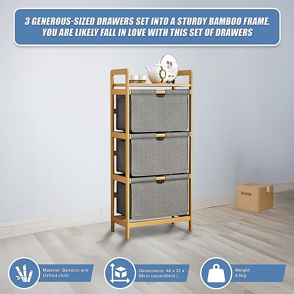 Bamboo Shelf with Storage Hamper - Wooden Organiser with 3 Laundry Bags V63-838251