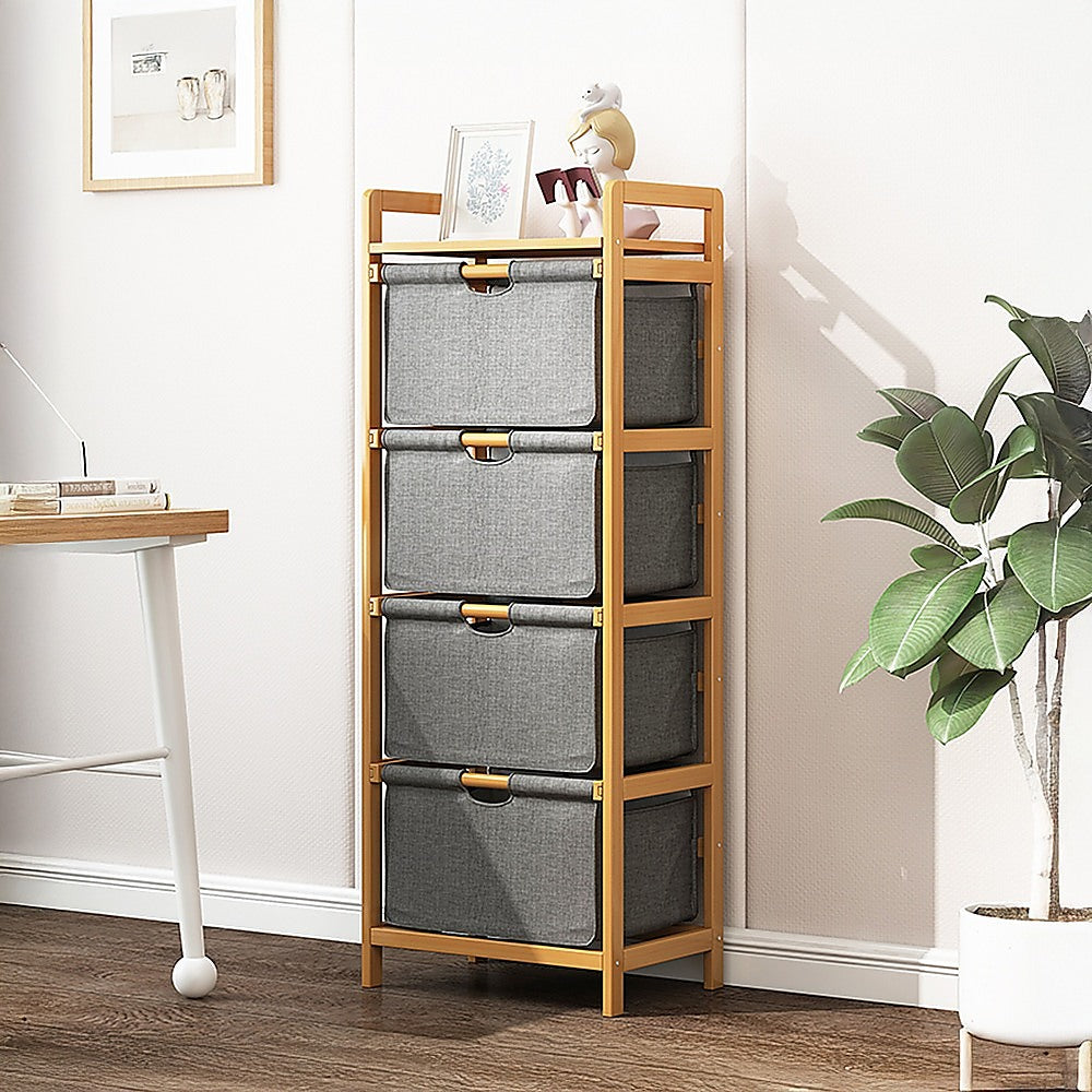 Bamboo Shelf with Storage Hamper - Wooden Organiser with 4 Laundry Bags V63-838261