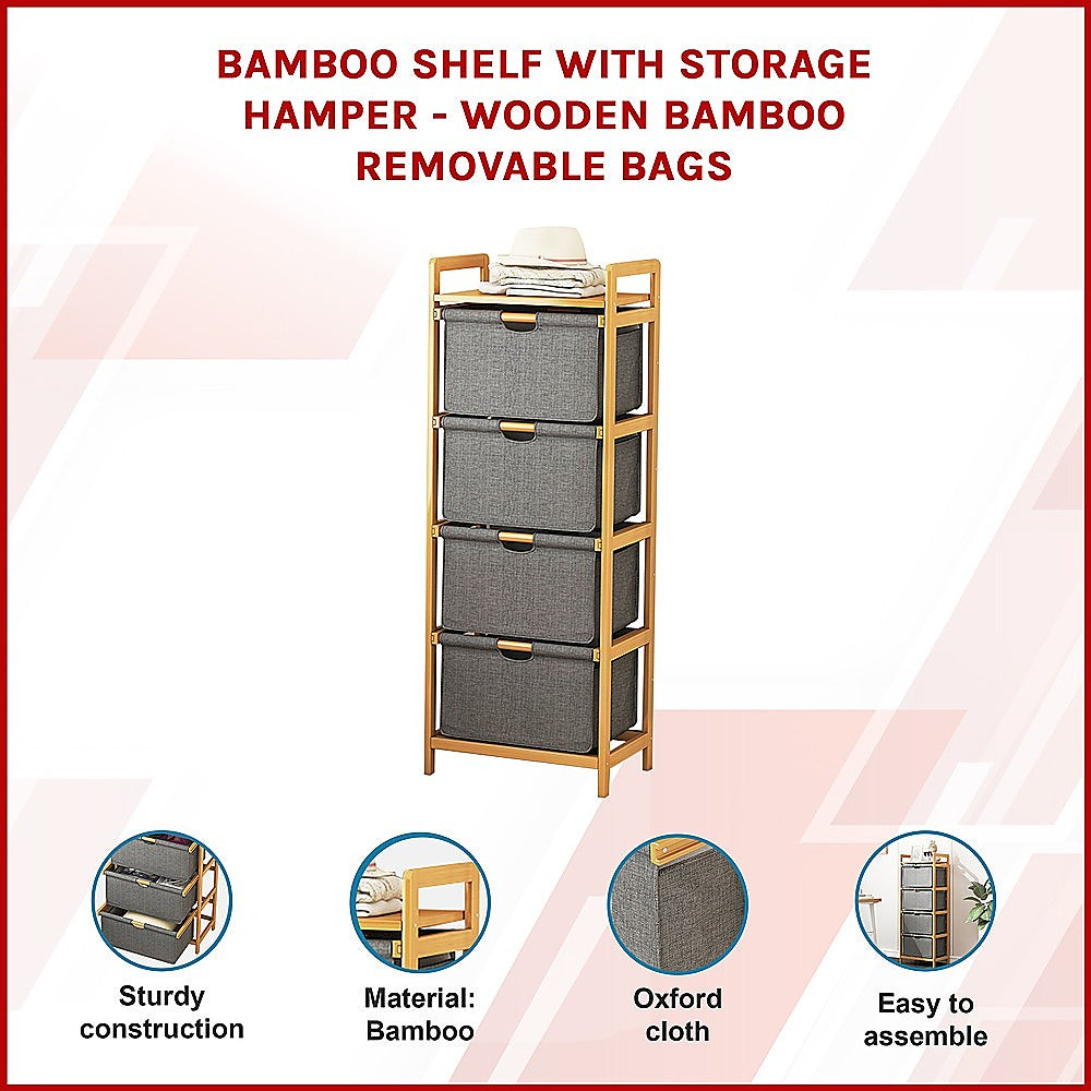 Bamboo Shelf with Storage Hamper - Wooden Organiser with 4 Laundry Bags V63-838261