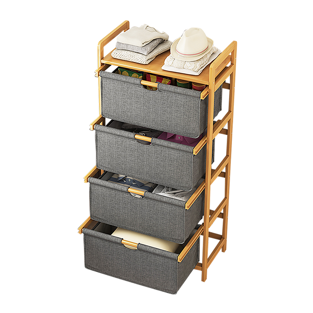 Bamboo Shelf with Storage Hamper - Wooden Organiser with 4 Laundry Bags V63-838261