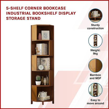 5-Shelf Corner Bookcase Industrial Bookshelf Display Storage Stand V63-838281