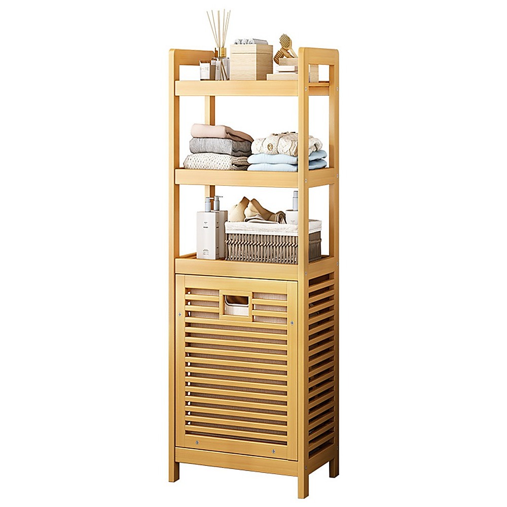 Bamboo 2-in-1 Laundry Hamper Side Table with 2 Shelves and Clothes Basket V63-838291