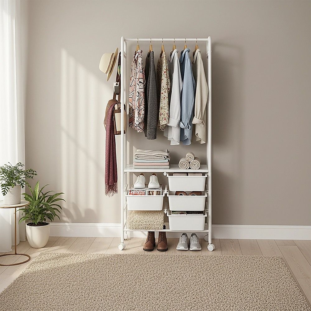 Metal Open Wardrobe Modern Storage Cabinet Tall Clothes Drawers Hanger Coat Rack V63-838301