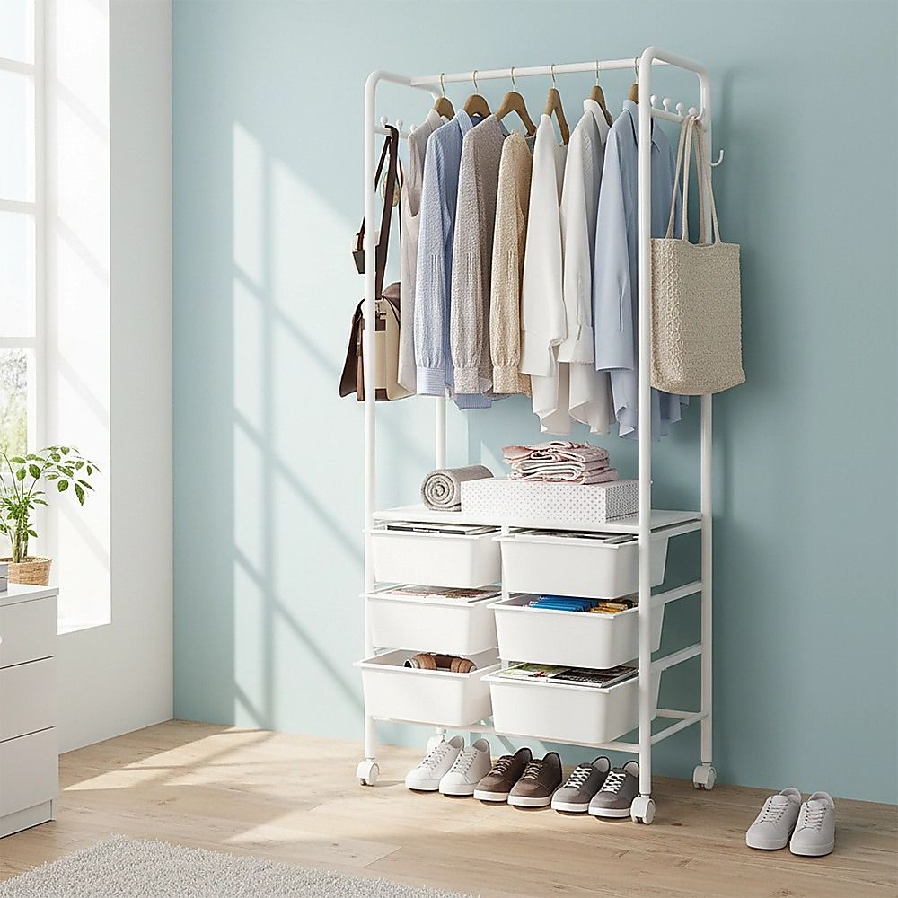Metal Open Wardrobe Modern Storage Cabinet Tall Clothes Drawers Hanger Coat Rack V63-838301