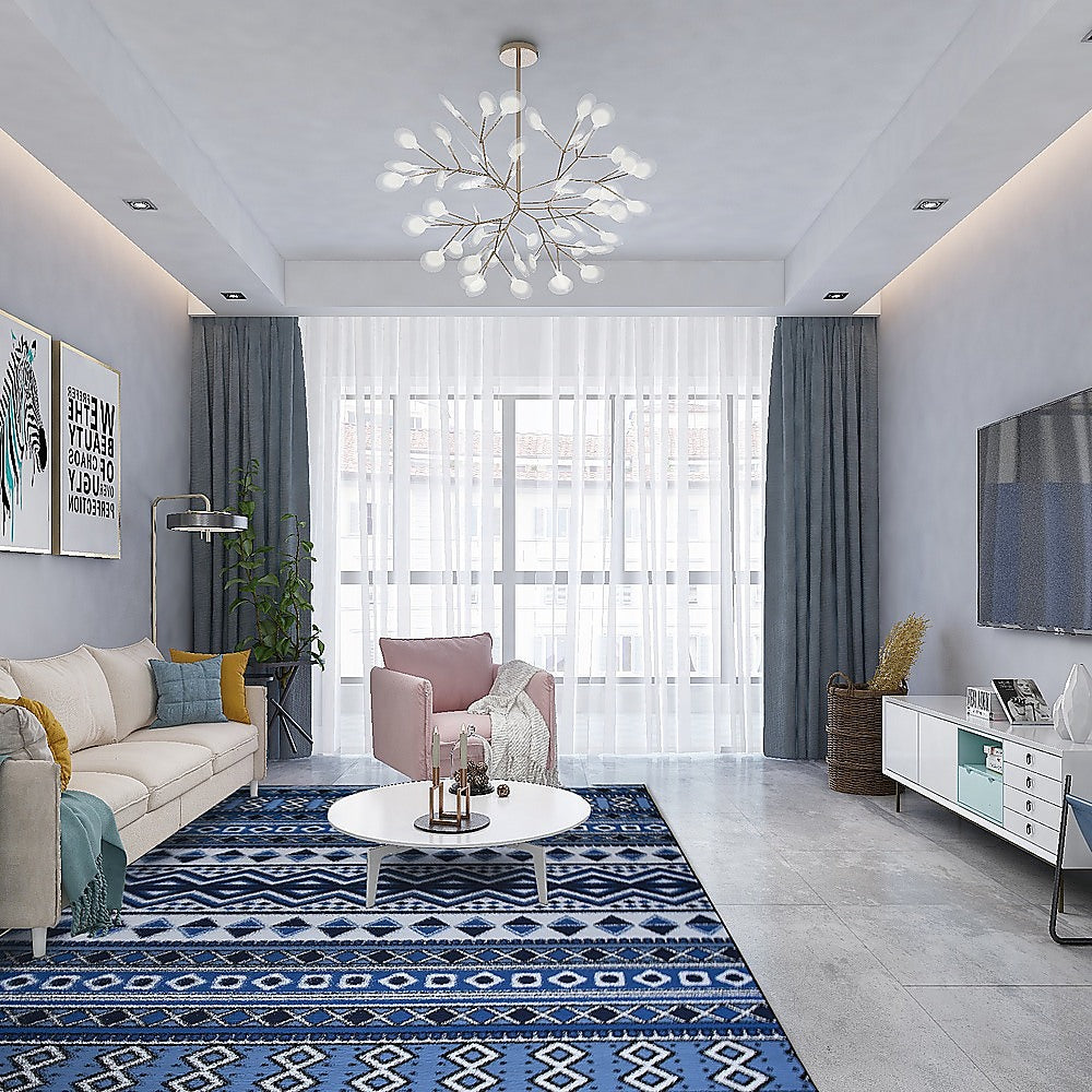 200x300cm Large Floor Blue Ethnic Rug - Modern Area Carpet for Bedroom & Lounge V63-838351