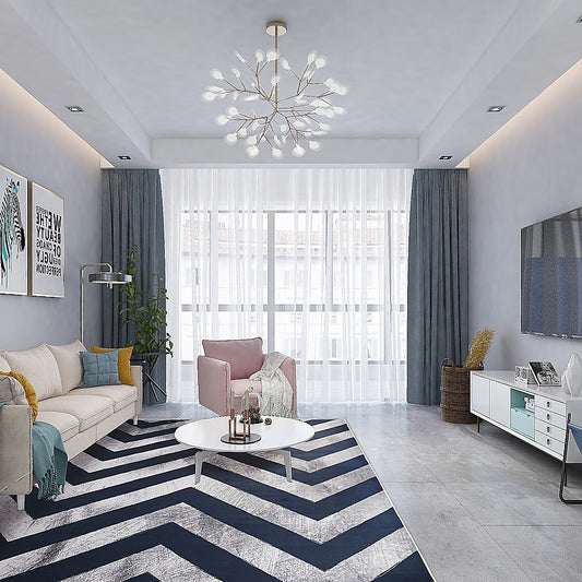 200x300cm Large Floor Blue Chevron Stripes Rug - Modern Area Carpet for Bedroom & Lounge V63-838381