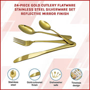 24-piece Gold Cutlery Flatware Stainless Steel Silverware Set Reflective Mirror Finish V63-838571
