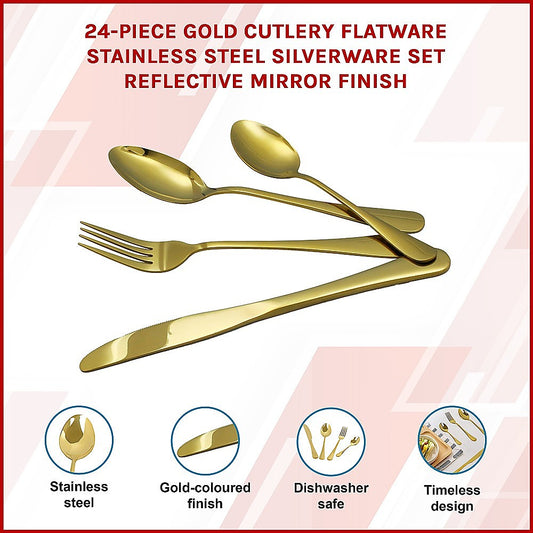 24-piece Gold Cutlery Flatware Stainless Steel Silverware Set Reflective Mirror Finish V63-838571