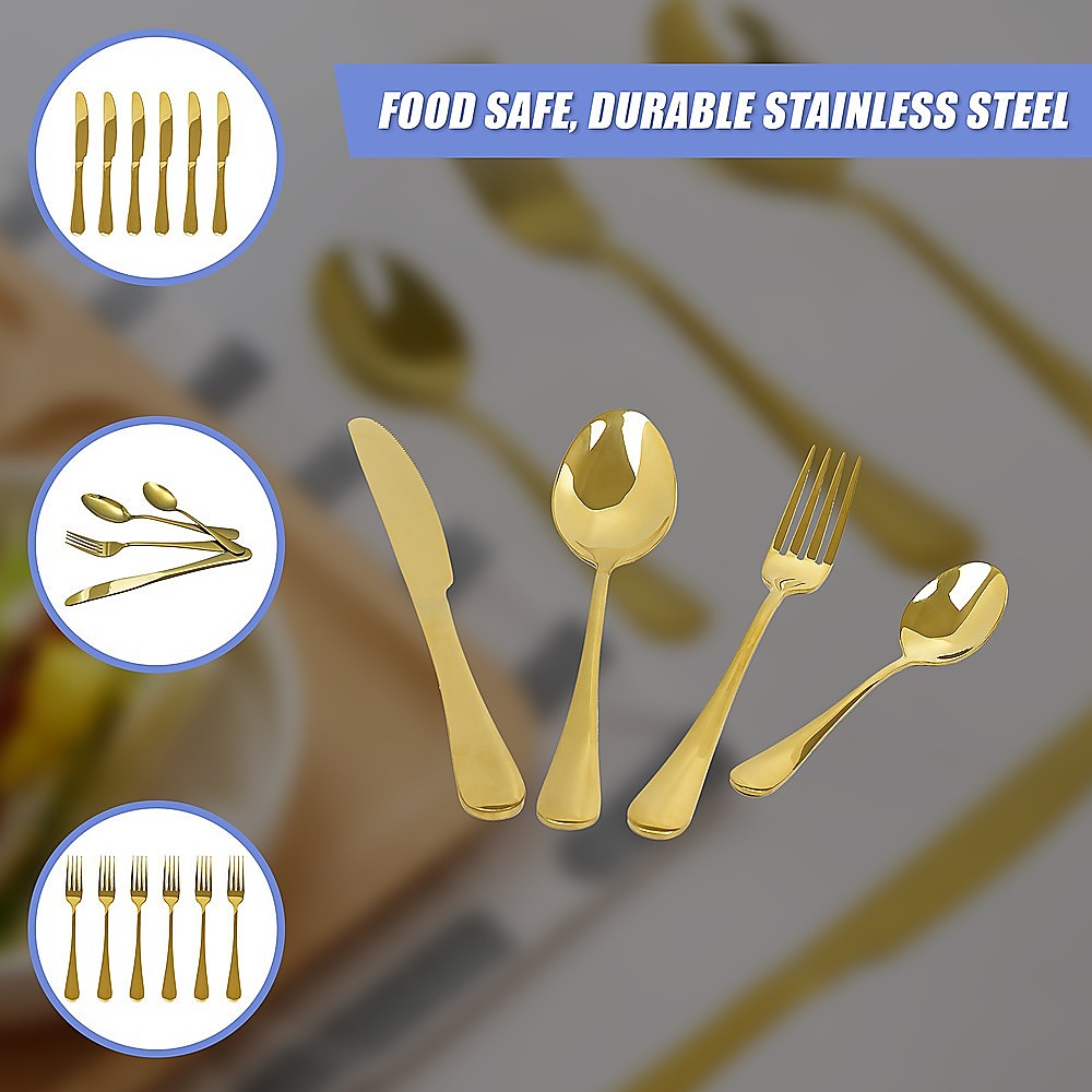 24-piece Gold Cutlery Flatware Stainless Steel Silverware Set Reflective Mirror Finish V63-838571