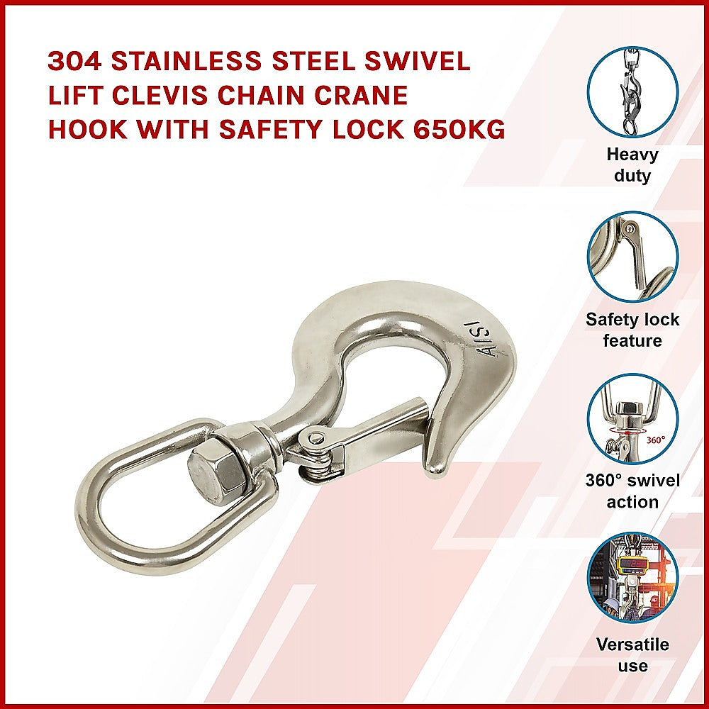 304 Stainless Steel Swivel Lift Clevis Chain Crane Hook with Safety Lock 650kg V63-838631