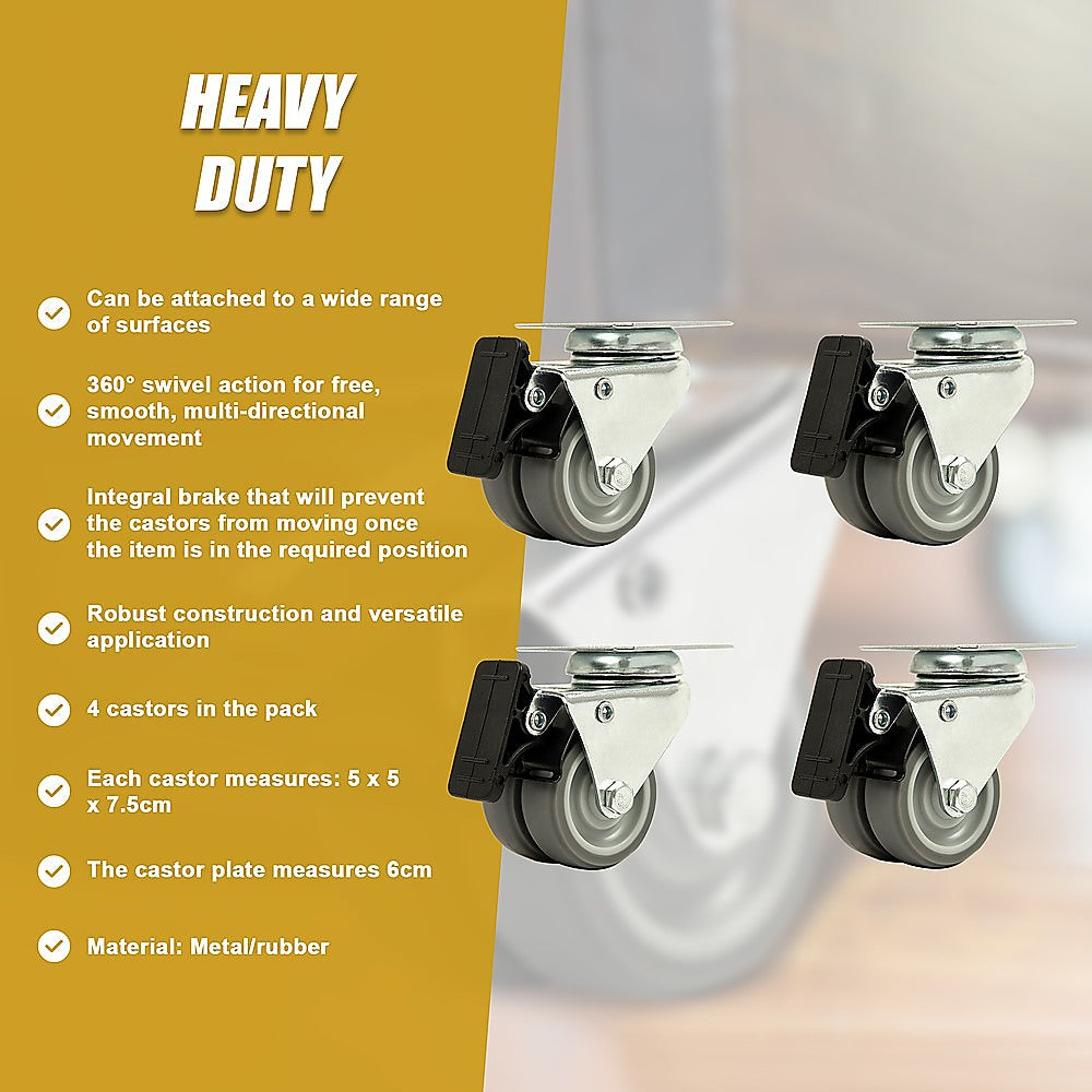 4x 2 Inch Heavy Duty Swivel Castor Wheels 50mm Brake V63-838711