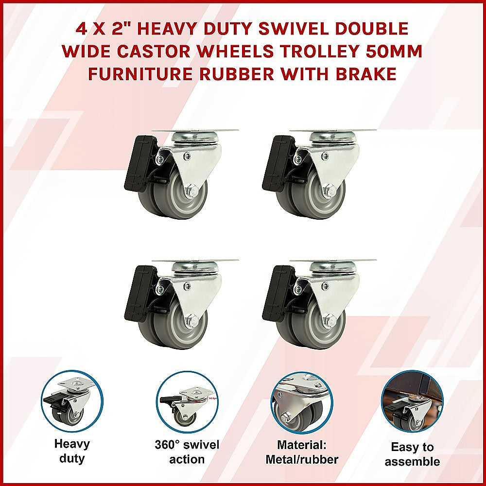 4x 2 Inch Heavy Duty Swivel Castor Wheels 50mm Brake V63-838711