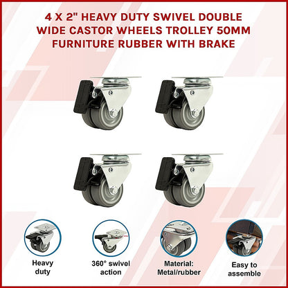 4x 2 Inch Heavy Duty Swivel Castor Wheels 50mm Brake V63-838711
