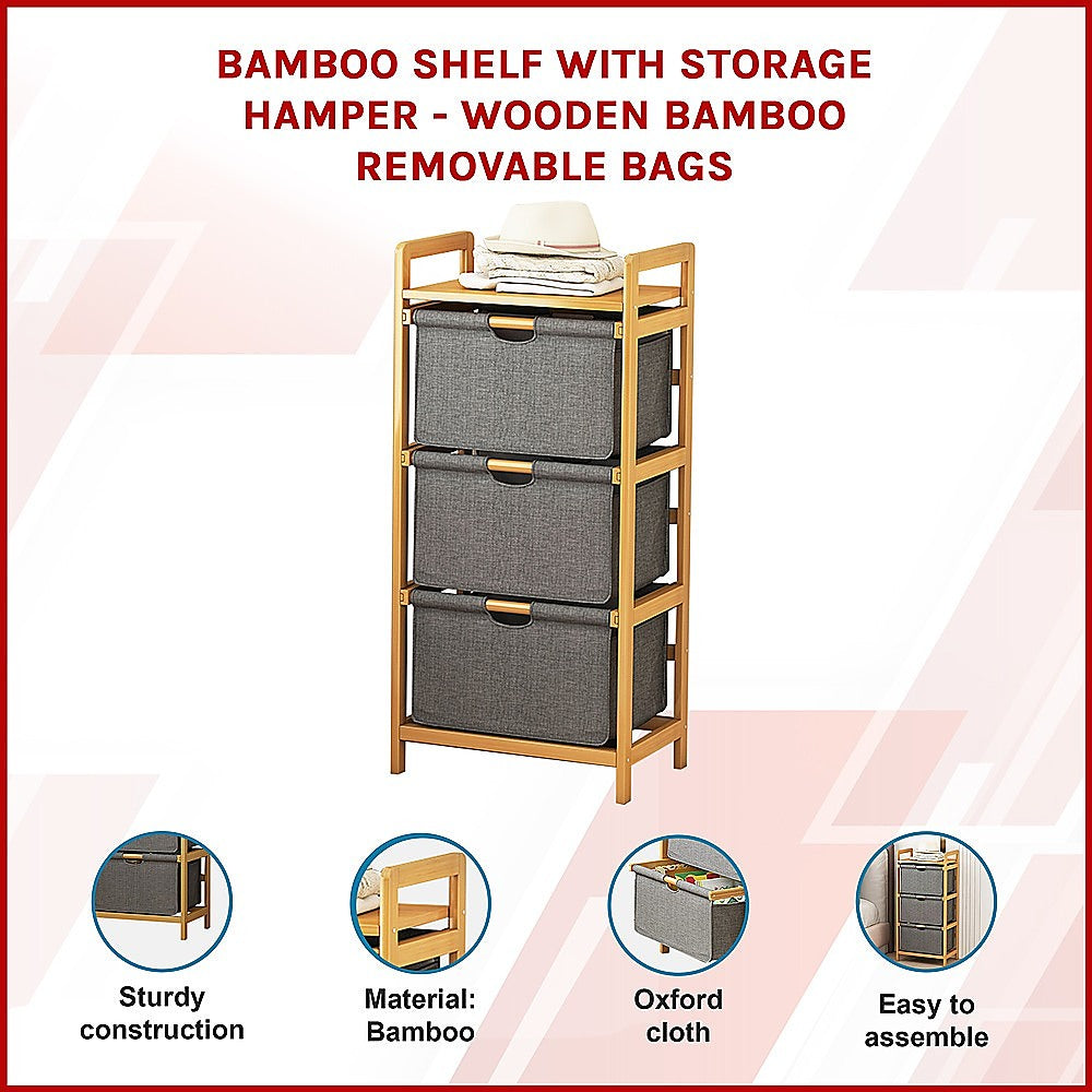 Bamboo Shelf with Storage Hamper - Wooden Organiser with Three-Set Rack Laundry Bags V63-838781