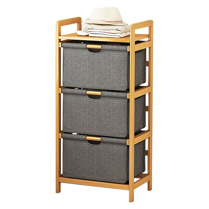 Bamboo Shelf with Storage Hamper - Wooden Organiser with Three-Set Rack Laundry Bags V63-838781