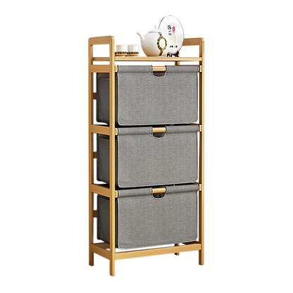 Bamboo Shelf with Storage Hamper - Wooden Organiser with Three-Set Rack Laundry Bags V63-838781