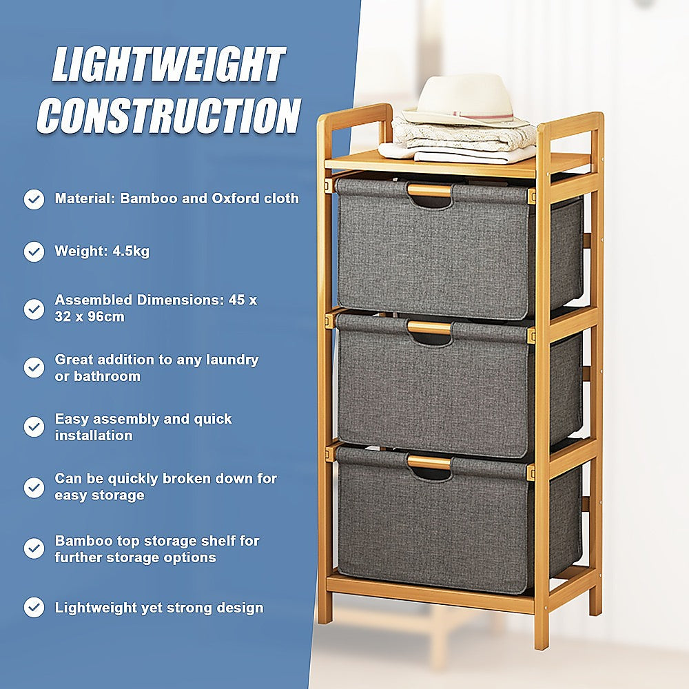 Bamboo Shelf with Storage Hamper - Wooden Organiser with Three-Set Rack Laundry Bags V63-838781