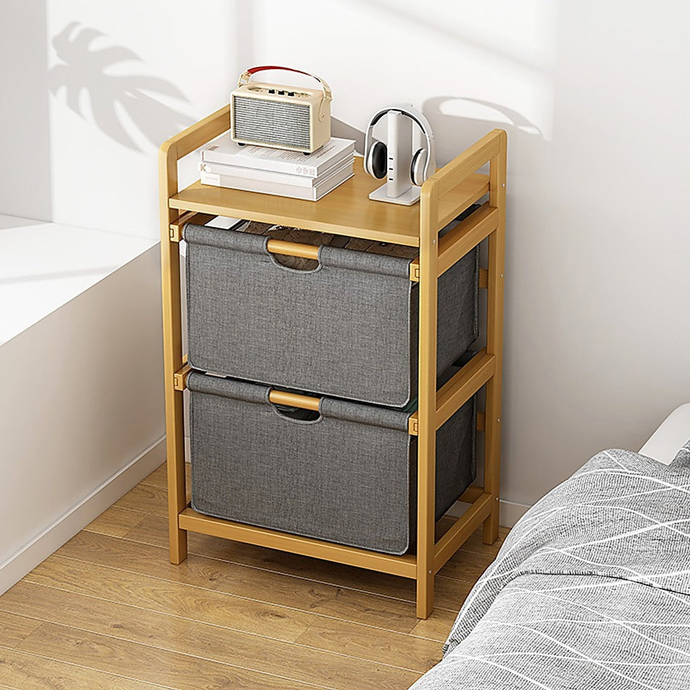 Bamboo Shelf with Storage Hamper - Wooden Organiser with Three-Set Rack Laundry Bags V63-838781