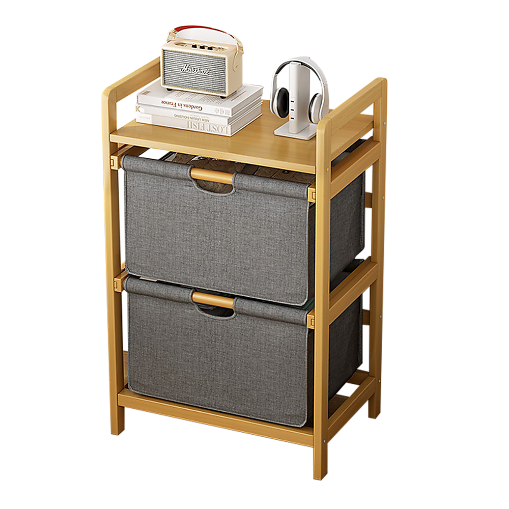 Bamboo Shelf with Storage Hamper - Wooden Organiser with Three-Set Rack Laundry Bags V63-838781